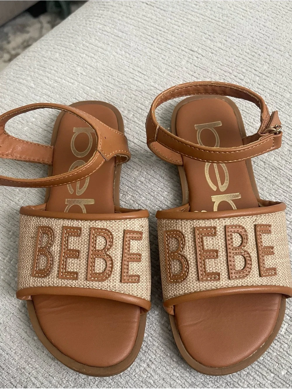 bebe Tan Embroidered Logo Strap Sandals